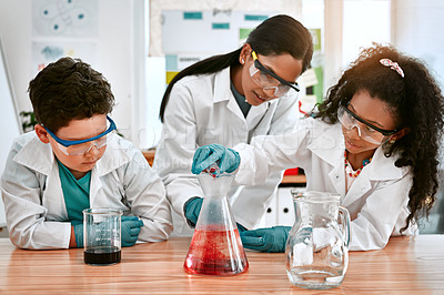 Buy stock photo Classroom, learning or science with teacher and students at table in laboratory for experiment or reaction. Education, school or study with woman scientist and children at academy for development