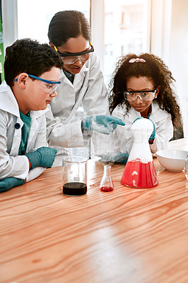 Buy stock photo Children, science teacher and experiment with beaker for learning, education and knowledge in school classroom. Chemistry educator, students and kids studying chemical results, project and fun test 
