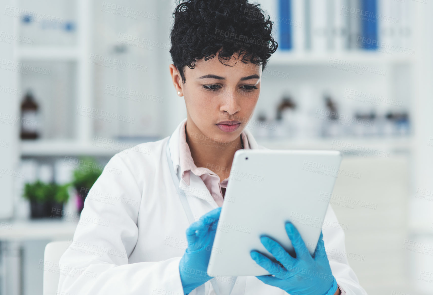 Buy stock photo Scientist, tablet and woman with healthcare research and study for mpox virus with website in lab. Medical journal, digital and African pharmaceutical employee with tech and bacteria protection gear