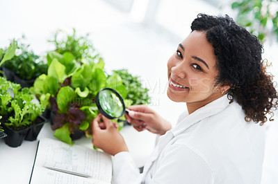 Buy stock photo Cropped shot of a female scientist looking at a plant through a magnifying glass