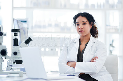 Buy stock photo Portrait, confident or woman with arms crossed for science breakthrough, clinical trial or lab discovery. Laptop, medical testing or scientist with vaccine research, mpox cure or development results