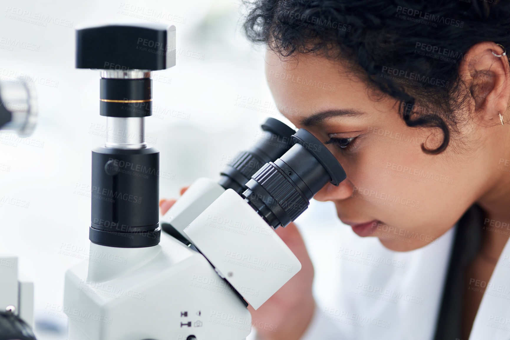 Buy stock photo Scientist, study and woman with microscope in lab for medical pathogen, exam and research experiment. Science, pharmaceutical and biotech with analysis for Mpox vaccine, innovation and epidemiology