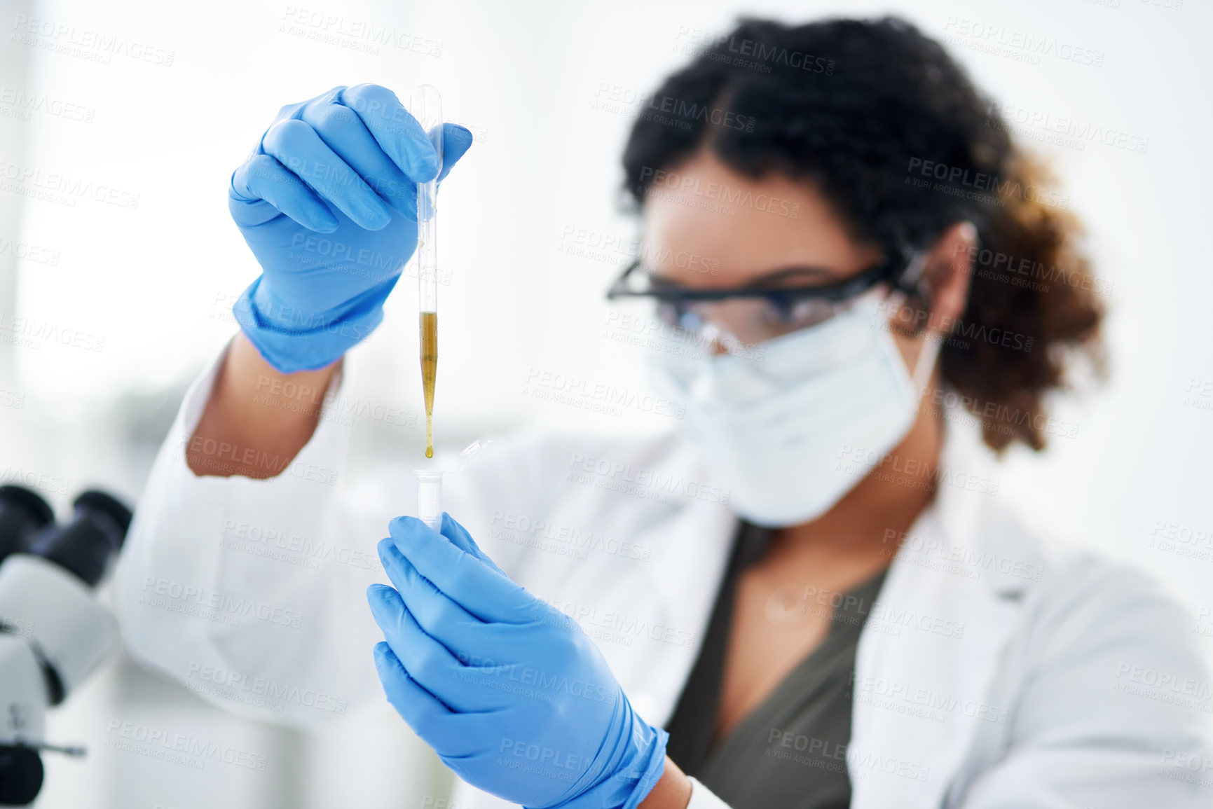 Buy stock photo Science, research and woman with pipette in test tube for medical development, growth or inspection in ppe. Biotech, innovation and scientist in mask for healthcare, test results or study in lab