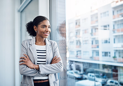 Buy stock photo Crossed arms, thinking and business black woman by window with confidence, company pride and startup ideas. Professional, opportunity and person with ambition for career, job and working in office