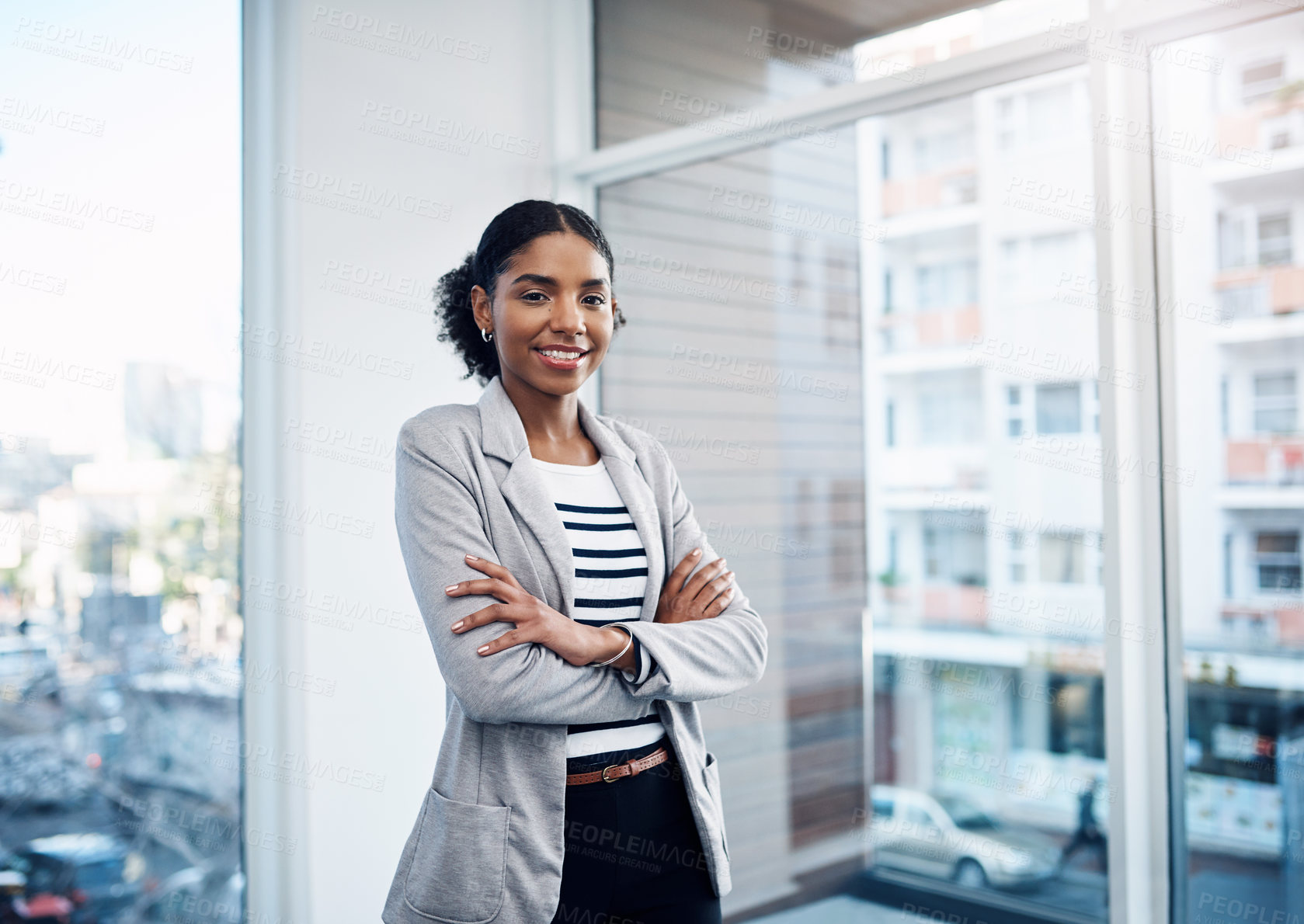 Buy stock photo Crossed arms, window and portrait of professional black woman with confidence, company pride and startup. Business, office and person in workplace for career, job opportunity and working in building