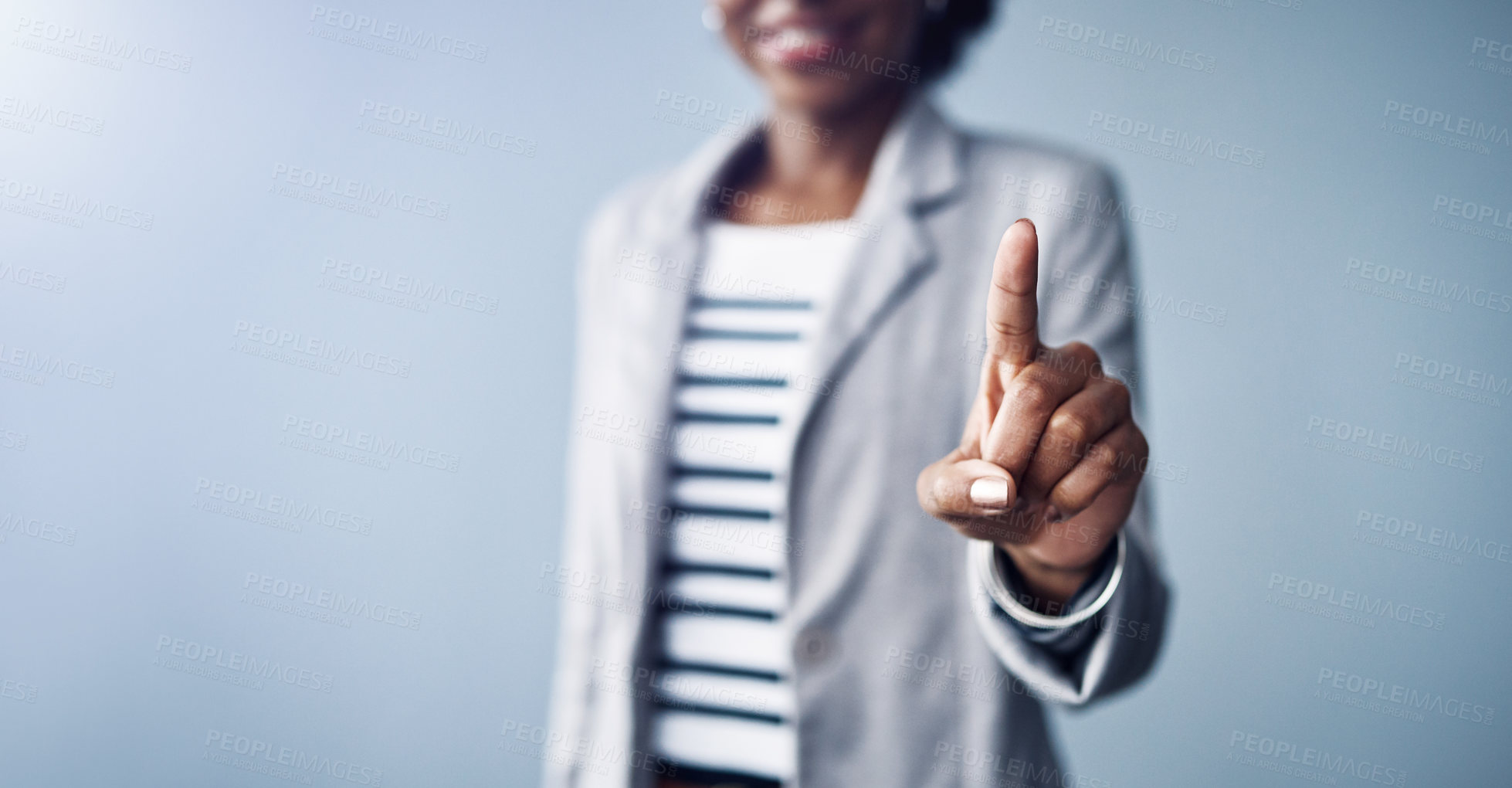 Buy stock photo Studio, press and woman with finger on choice with technology, button or password access on app. Hand, biometric security system and vote selection, decision or user experience on blue background