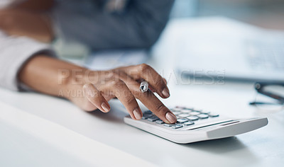 Buy stock photo Calculator, accounting and woman hand working on finance investment report in office. Professional, taxes and closeup of female financial advisor doing calculation for asset management in workplace.