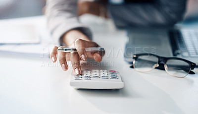 Buy stock photo Calculator, accountant and woman working on financial investment report in the office. Accounting, taxes and closeup of female finance advisor doing calculation for asset management in the workplace.