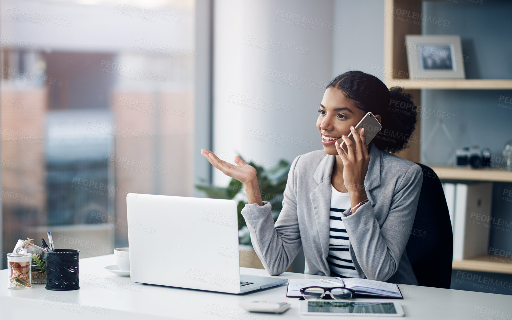 Buy stock photo Phone call, laptop and business black woman in office for talking, networking and discussion. Corporate, professional and person on smartphone and computer for planning, online chat or communication