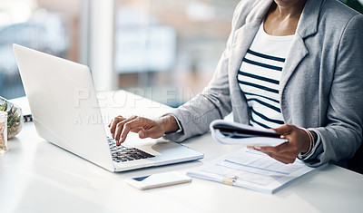 Buy stock photo Woman, hands and laptop with documents for finance, budget planning or accounting at office. Closeup of female person, accountant or employee with paperwork for financial advice or audit at workplace