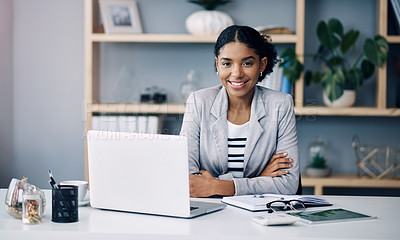 Buy stock photo Office, smile and portrait of woman at laptop for research, business review or online report at agency. Budget, planning and consultant at desk with computer, confidence and financial risk management
