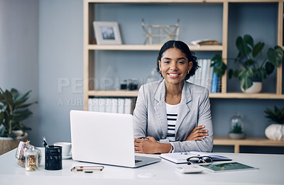 Buy stock photo Office, smile and portrait of businesswoman at laptop for research, business review or online report. Budget, planning and happy consultant at desk with computer, confidence and financial management