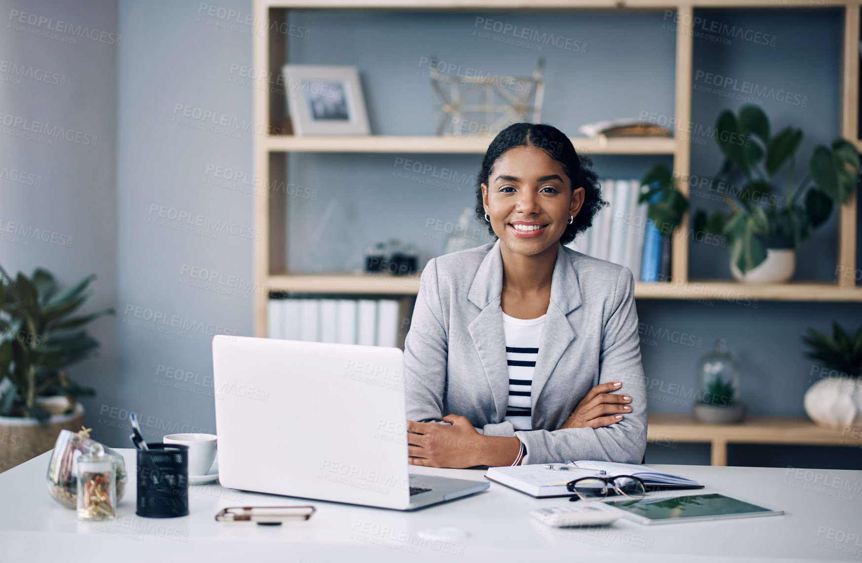 Buy stock photo Office, smile and portrait of businesswoman at laptop for research, business review or online report. Budget, planning and happy consultant at desk with computer, confidence and financial management