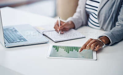 Buy stock photo Data, tablet and accountant working on graph results or planning company finance performance in an office. Woman, hands and financial advisor doing a growth analysis of a startup using statistics