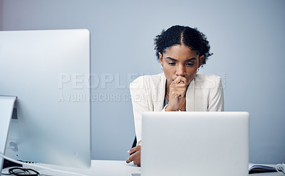 Buy stock photo Businesswoman, thinking and laptop in office for planning, corporate and online project for website. Working, internet search and information on tech, reading email and web designer in workplace