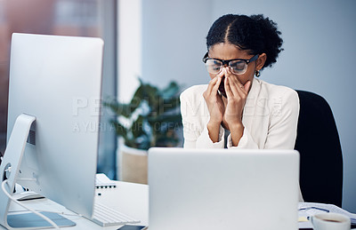 Buy stock photo Business woman, vision problem with stress and crisis at work, corporate fatigue with headache and burnout. Professional female person with migraine, frustrated with laptop glitch and tired in office