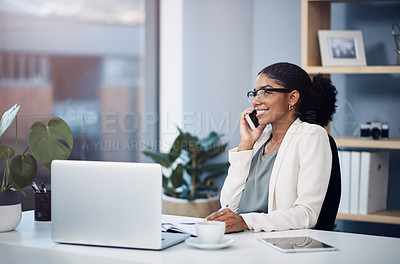 Buy stock photo Phone call, laptop and business woman at desk for talking, networking and discussion. Corporate worker, insurance office and person on smartphone and computer for planning, contact or communication