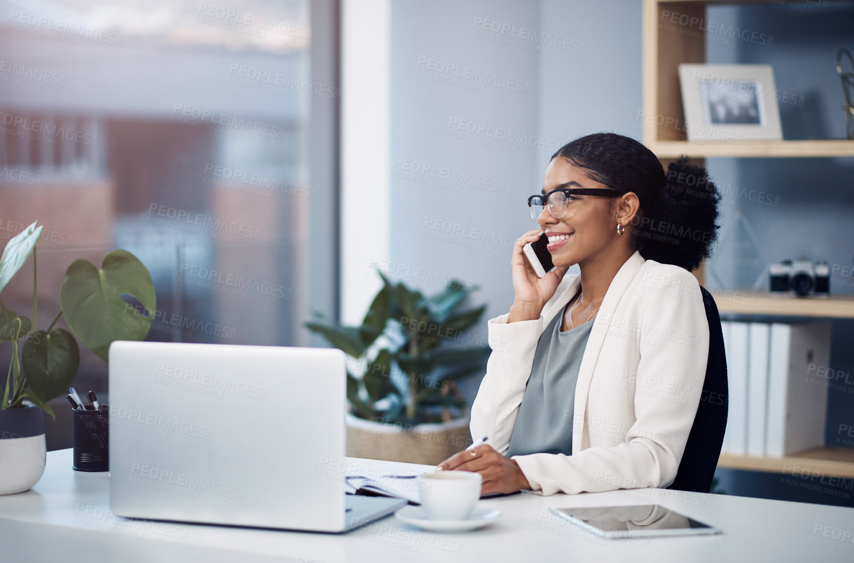 Buy stock photo Phone call, laptop and business woman at desk for talking, networking and discussion. Corporate worker, insurance office and person on smartphone and computer for planning, contact or communication