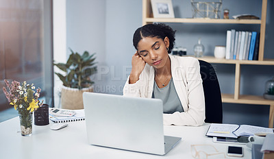 Buy stock photo Woman, office and sleeping with laptop, paperwork and burnout in financial administration. Fatigue, audit and overworked businesswoman with budget planning, exhausted or tired with online tax report