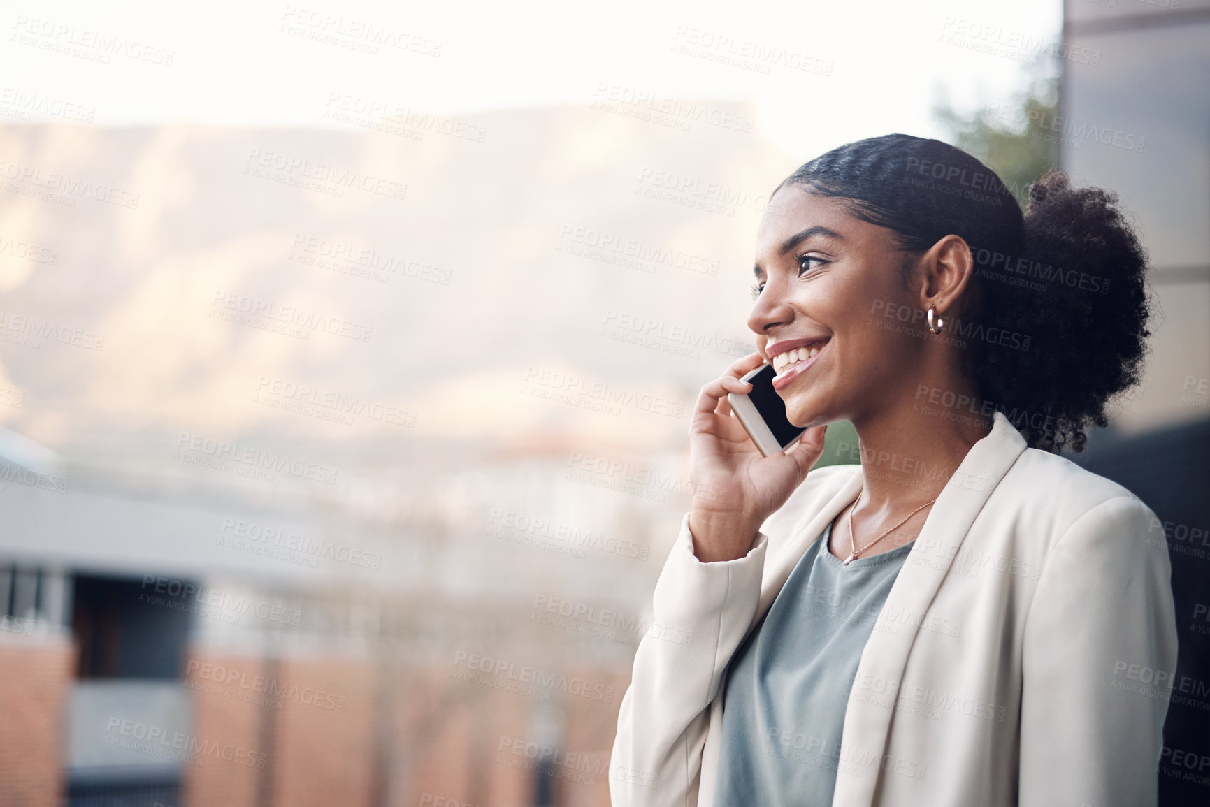 Buy stock photo Phone call, city and business black woman in discussion for planning, talking and networking. Communication, professional and worker on office balcony on smartphone in conversation, speaking and chat