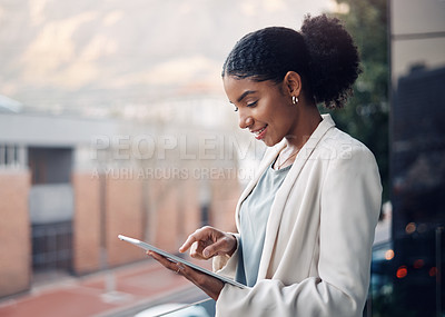 Buy stock photo City, balcony and business black woman on tablet in startup for website, online networking and research. Professional, office and person in town for career, job and working on digital technology