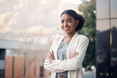 Buy stock photo Crossed arms, balcony and portrait of business black woman with confidence, company pride and startup ideas. Professional, office and person in workplace for career, job and working by building