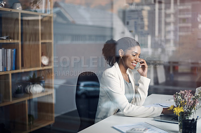 Buy stock photo Phone call, laptop and business woman in window for talking, networking and discussion. Corporate worker, office and person on smartphone and computer for website, online planning or communication