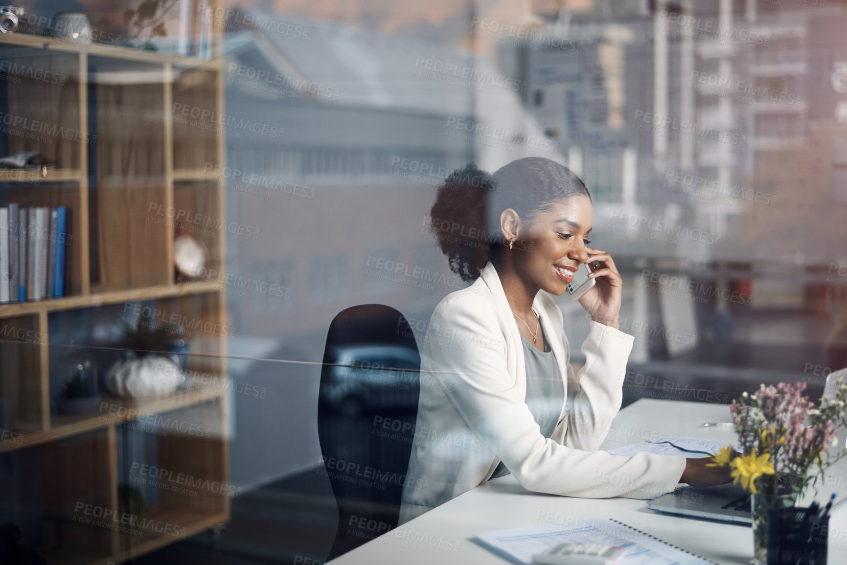 Buy stock photo Phone call, laptop and business woman in window for talking, networking and discussion. Corporate worker, office and person on smartphone and computer for website, online planning or communication