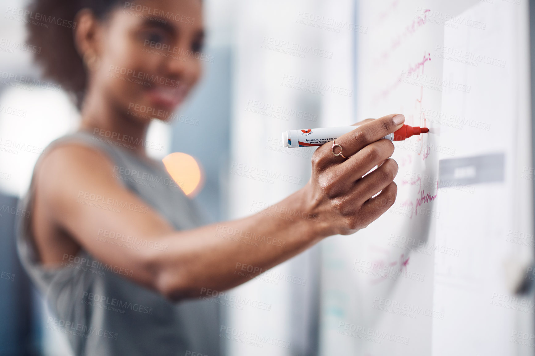 Buy stock photo Woman, hand and writing with whiteboard for presentation, coaching or brainstorming at office. Closeup of creative female person taking notes on board for planning, teaching or workshop in startup