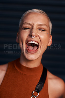 Buy stock photo Young woman, happy scream and portrait with hipster and gen z fashion with a smile and piercing. Cool style, face and cosmetics of female person with happiness, confidence and jewelry wearing makeup