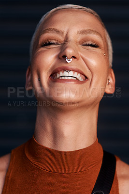 Buy stock photo Woman beauty, laughing and face with hipster and gen z fashion with a smile and piercing. Cool style, happy and cosmetics of a female person with happiness, confidence and jewelry wearing makeup
