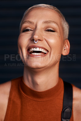 Buy stock photo Young woman, laughing and portrait with hipster and gen z fashion with a smile and piercing. Cool style, face and cosmetics of a female person with happiness, confidence and jewelry wearing makeup