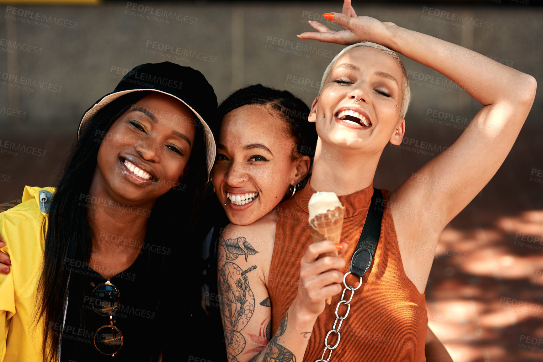 Buy stock photo Portrait, friends and women in city with ice cream, smile and bonding on urban travel holiday. Relax, gelato and group of people on sidewalk together with frozen dessert for happy weekend vacation