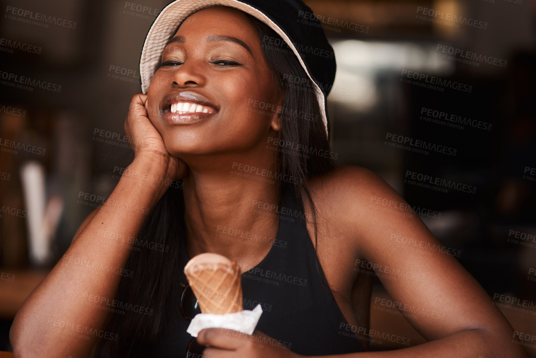 Buy stock photo Smile, cafe and black woman with ice cream, eating and laughing with frozen dessert for fun student. Relax, restaurant and happy face of gen z girl in gelato shop with summer snack on college break