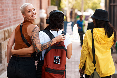 Buy stock photo Friends, girls and walking in road with back for bonding, scenery and casual fashion with bags on sidewalk. People, women and group in urban town with edgy style, trendy clothes or confidence in city