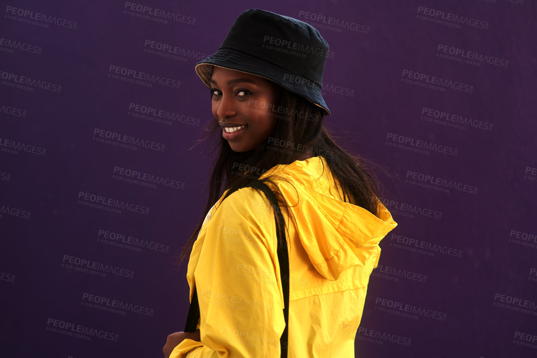 Buy stock photo Portrait, smile and black woman in studio with streetwear, skincare and urban fashion on dark background. Confident, yellow jacket and female person with accessories for trend, gen z and beauty