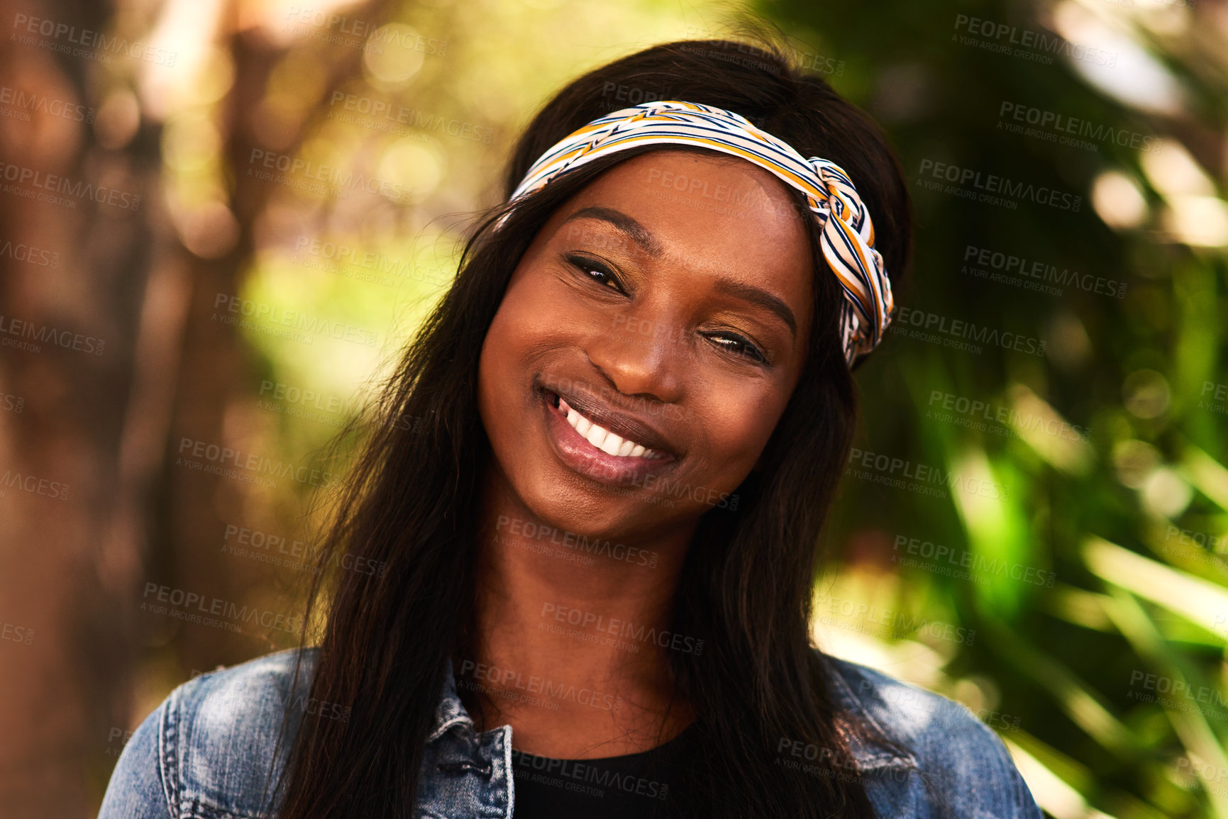 Buy stock photo Black woman, portrait and happy at park in nature with fashion, casual style and trendy outfit in summer. Person, face and confidence in environment for vacation, holiday and scenery with sunshine