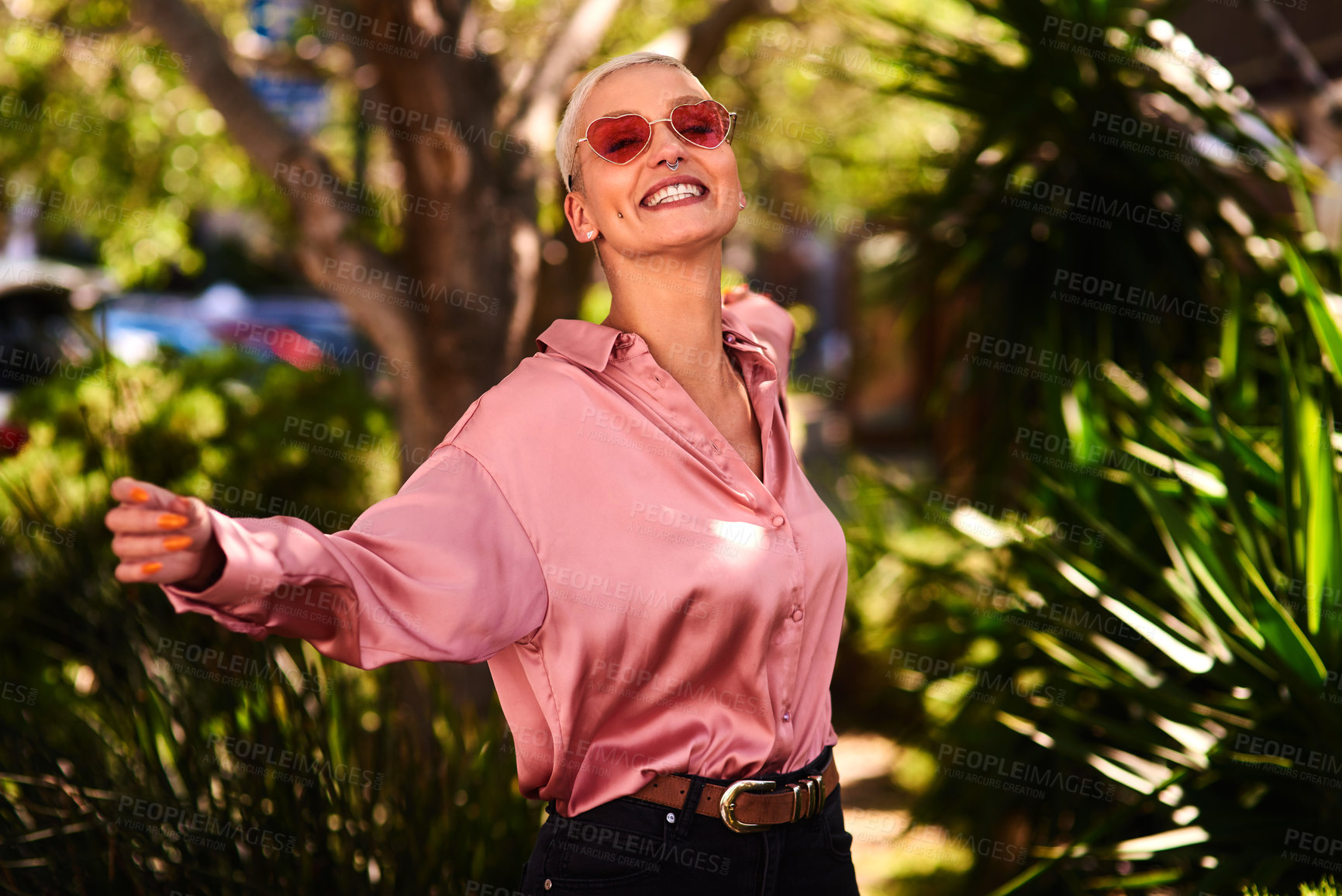 Buy stock photo Outdoor, woman and excited with sunglasses for vacation, weekend trip and holiday in California. Nature, happy girl and shades for sunshine with confidence, freedom and peace with pride for travel