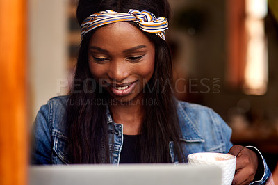 Buy stock photo Black woman, laptop and freelancer in cafe, coffee and online for copywriter research or check email. Female person, remote work and planning in restaurant, drink espresso and website for opportunity