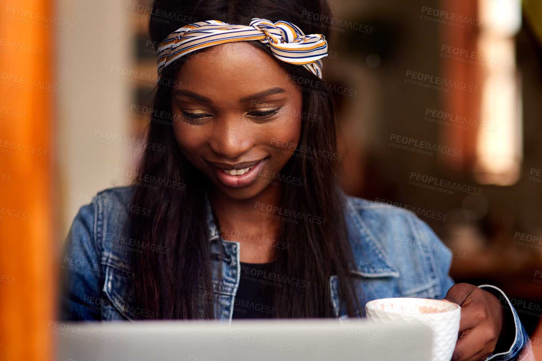 Buy stock photo Black woman, laptop and freelancer in cafe, coffee and online for copywriter research or check email. Female person, remote work and planning in restaurant, drink espresso and website for opportunity