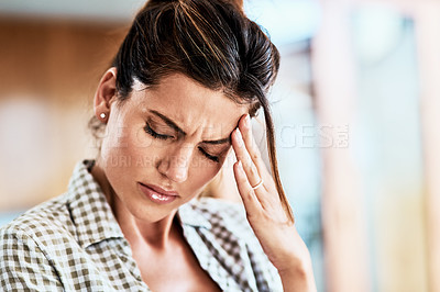 Buy stock photo Hand on head, woman or headache pain, stress and suffering brain fog or temple massage for anxiety, fatigue or depression. Person, migraine or mental health problem or sick, vertigo and burnout