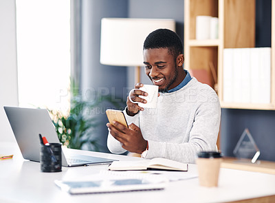 Buy stock photo Black man, smile and laptop in office with smartphone for web design, online project and social media. Business person, corporate and happy working on digital tech for research, planning and website