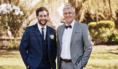 Buy stock photo Groom, wedding and portrait of a man and dad outdoor with a smile and happiness in nature. Happy men together in a garden for a formal event or celebration with elegant clothes, suit and family