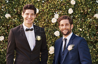 Buy stock photo Groom, best man and wedding portrait outdoor with smile and happiness in nature. Happy men together in garden for formal celebration event with elegant clothes, suit and friends on green background