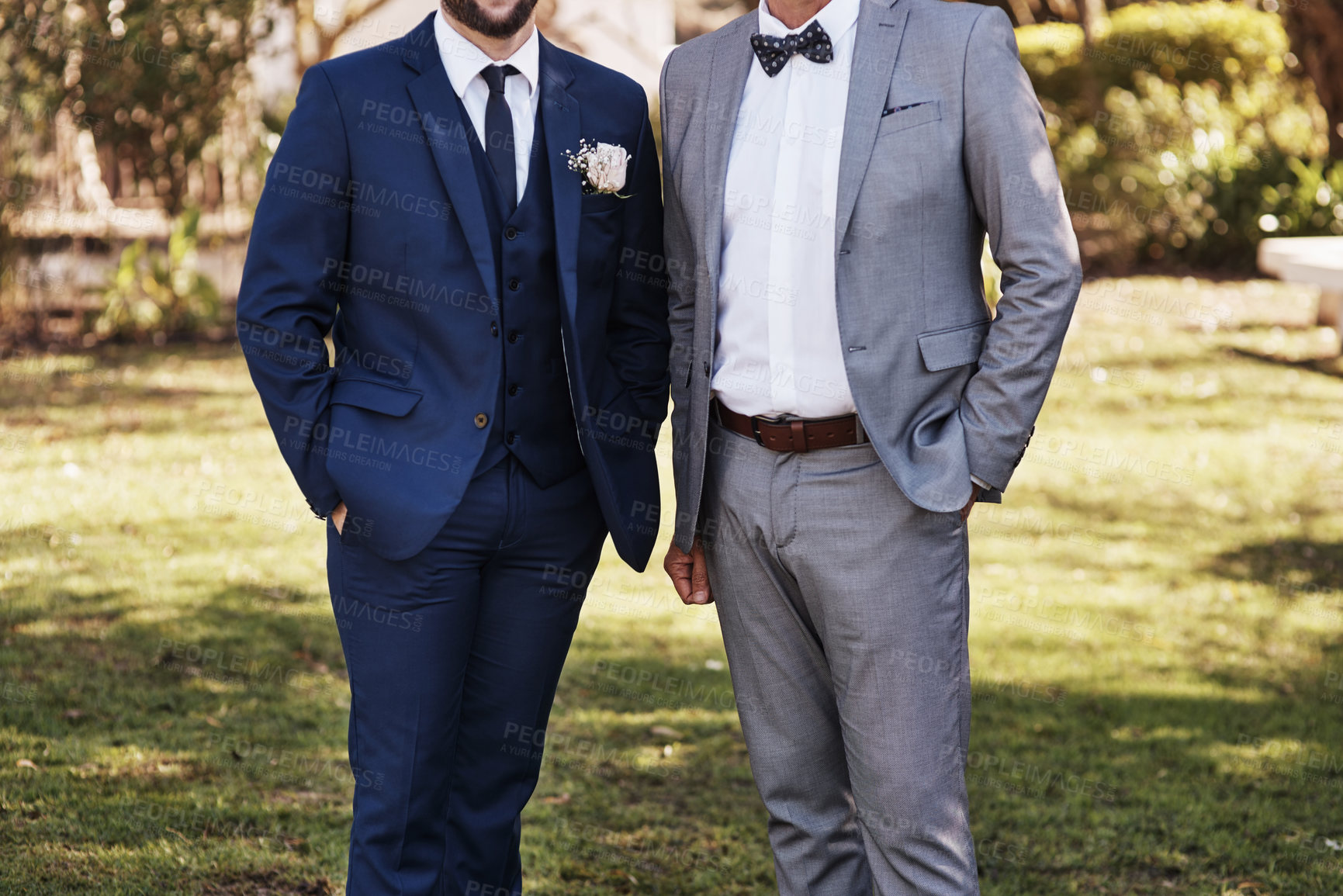 Buy stock photo Husband, groom and best man on wedding day with closeup with jewelry for event or milestone with save the date. Happiness, celebration and outdoor with ceremony, forever and partner in Netherlands