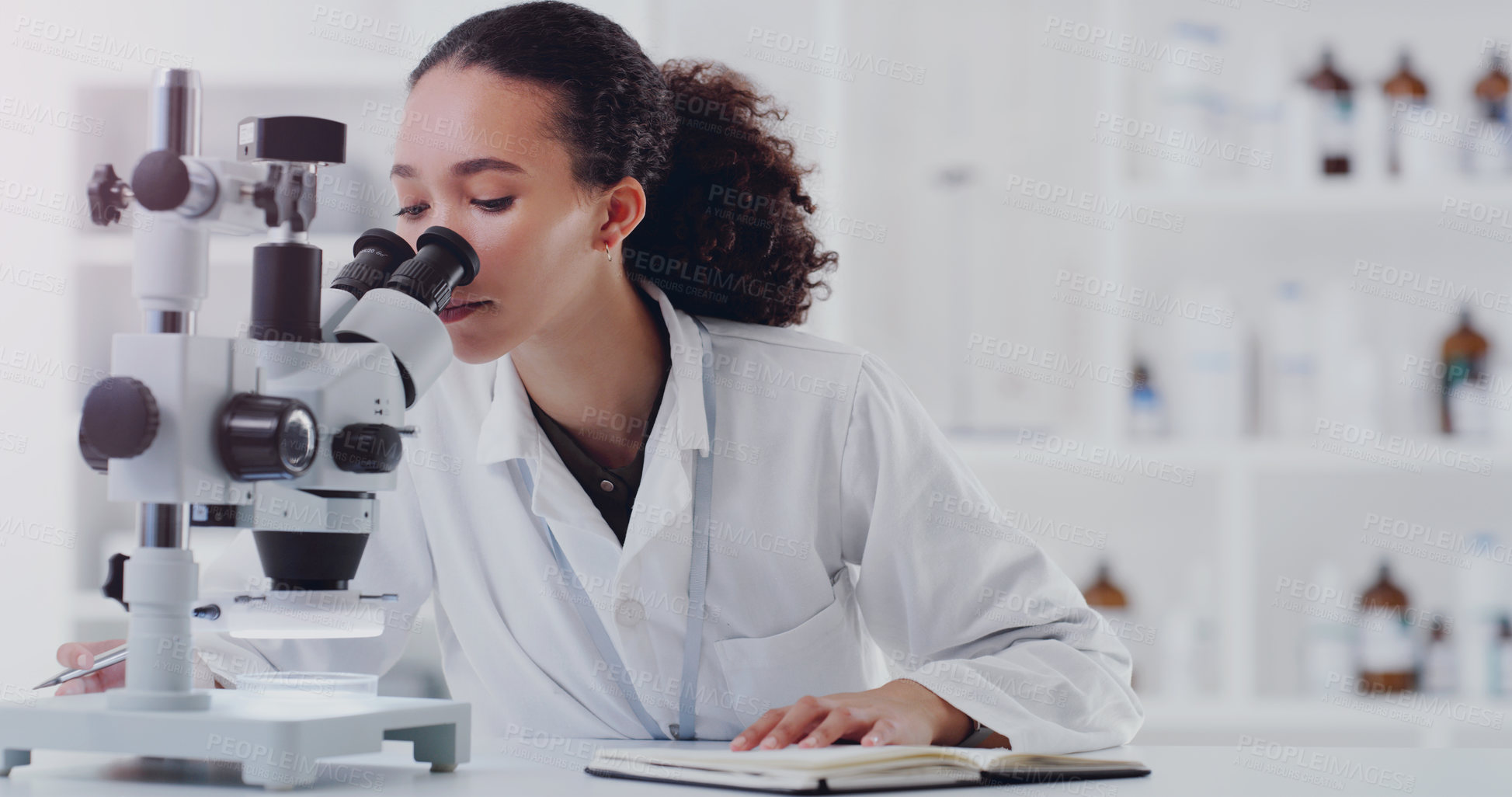 Buy stock photo Science, notebook and microscope with woman in laboratory for expert research, medical and planning. Idea, vaccine analysis and medicine with female scientist for chemistry, healthcare and pharma