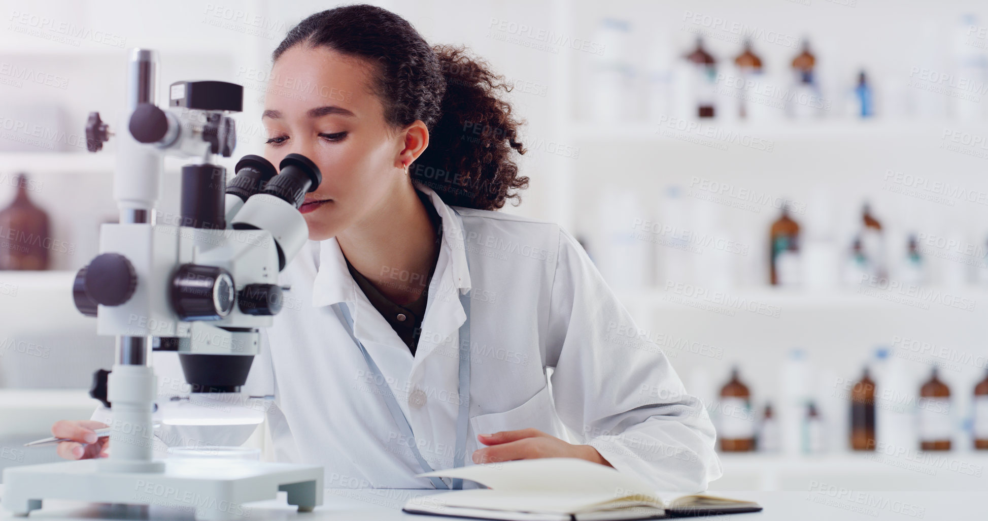 Buy stock photo Research, microscope and woman scientist writing for science, medicine and data analysis in a lab. Laboratory, healthcare and female health expert with book for medical, results and sample checklist