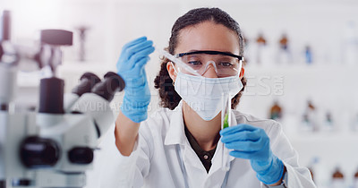 Buy stock photo Herbal plant medicine, lab research and woman scientist with test tube of a employee with science work. Laboratory, working and chemistry for medical and analysis doing botanical analytics with mask