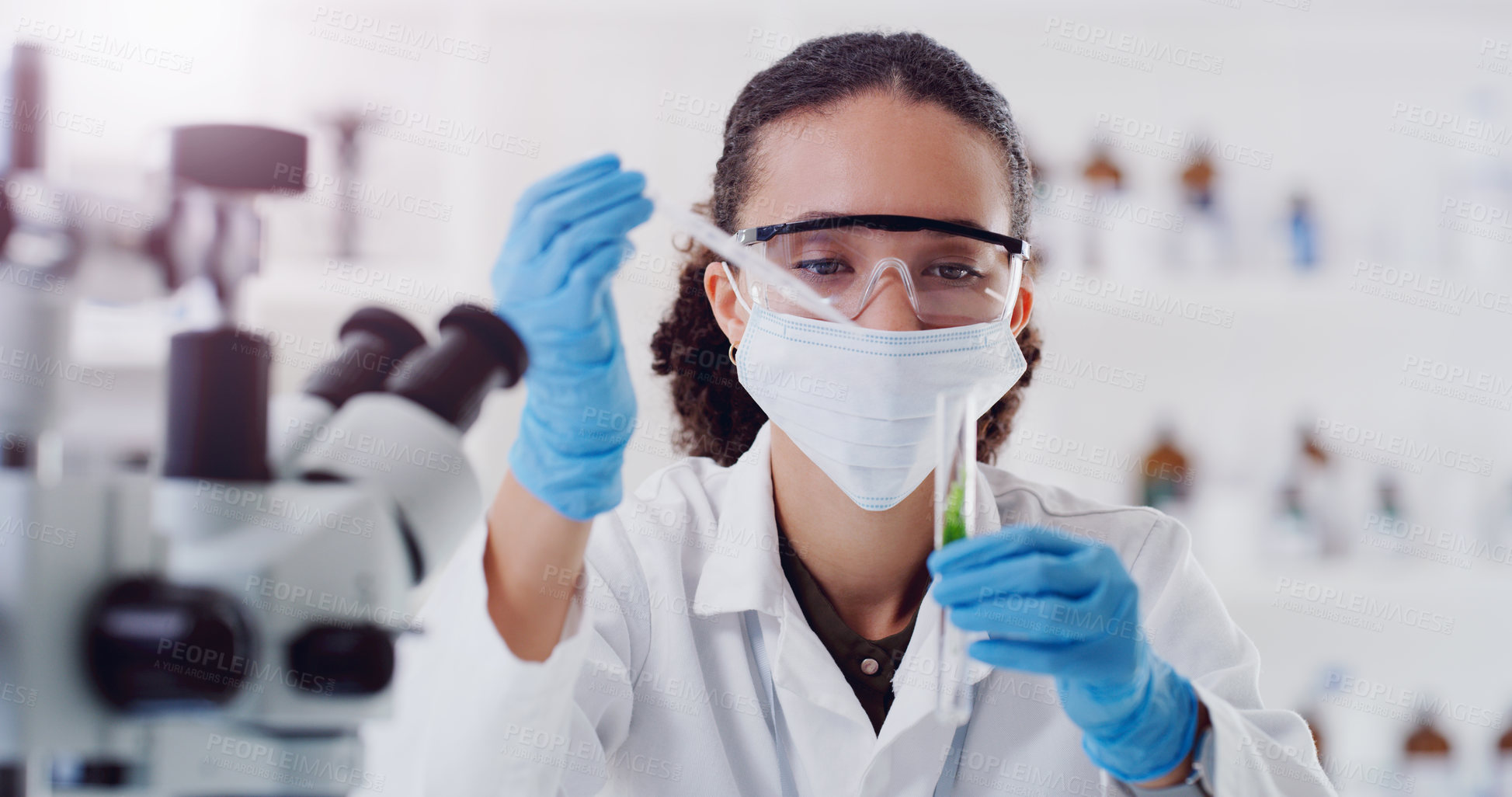 Buy stock photo Herbal plant medicine, lab research and woman scientist with test tube of a employee with science work. Laboratory, working and chemistry for medical and analysis doing botanical analytics with mask