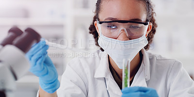 Buy stock photo Science, pharmacy and plant with woman in laboratory for medical, agriculture and research. Biotechnology, ecology and healthcare with gmo scientist and test tube for biology, vaccine and medicine